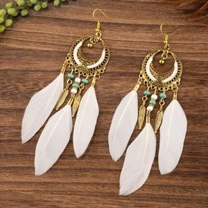 White feather and beaded drop Earrings